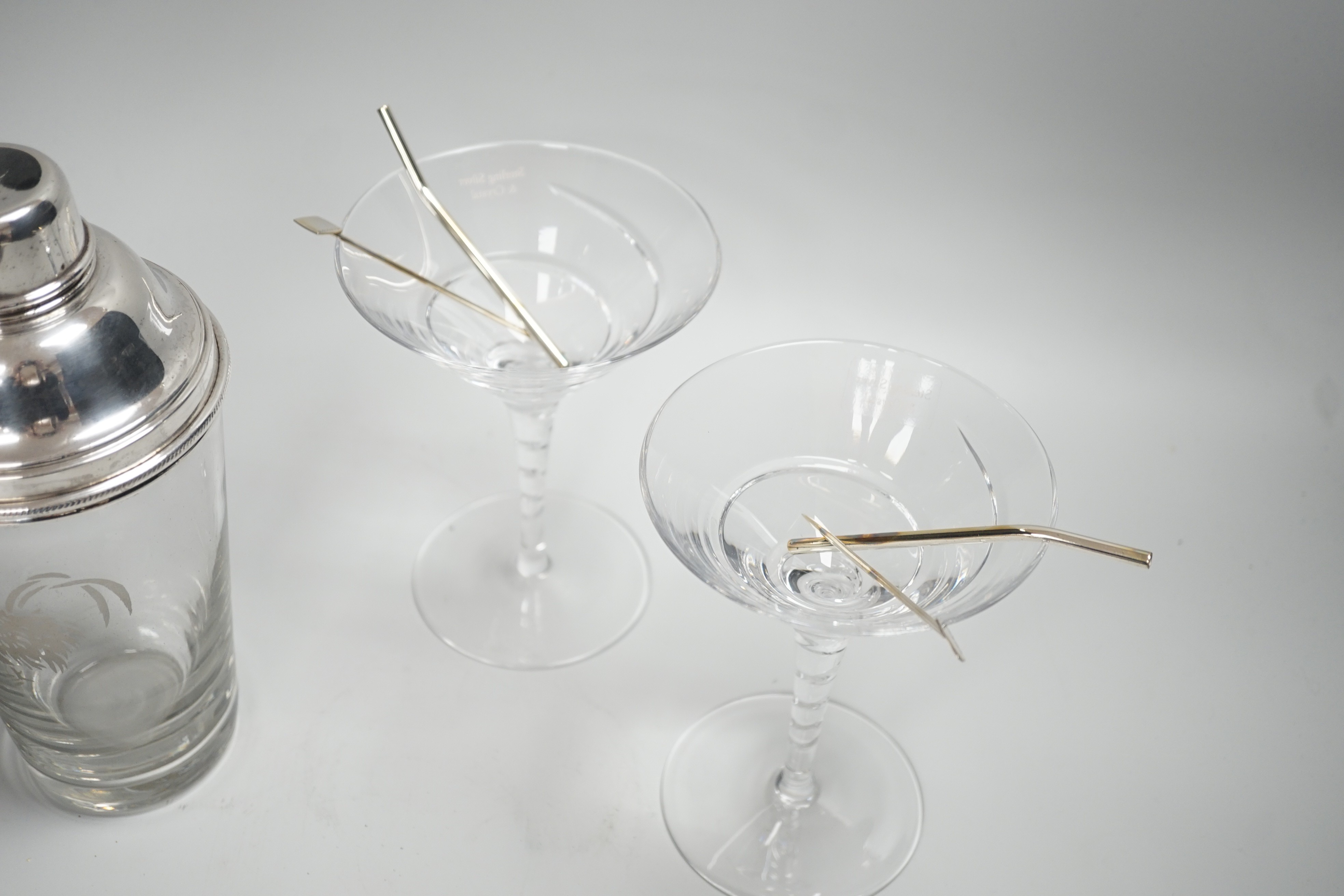 A silver plated cockerel cocktail shaker together with silver stirrers and glasses